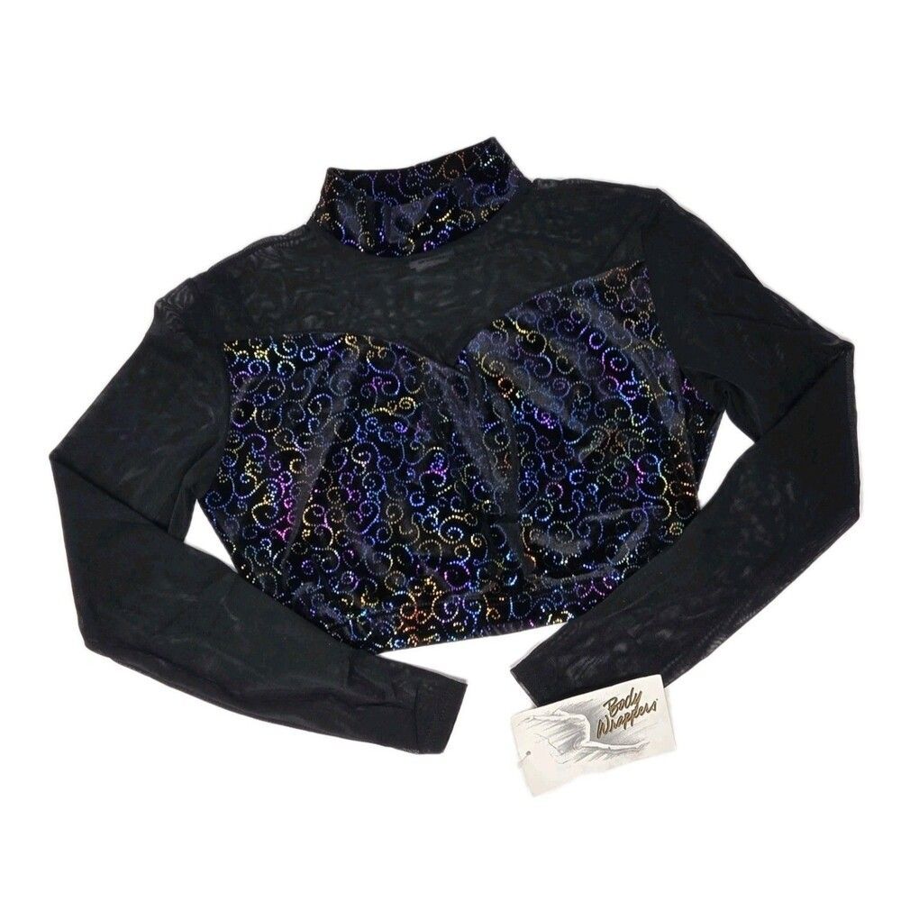 Body Wrappers VTG Mesh Velvet LS Mock Neck Dance Midriff Rainbow Bling Top AM, M - Picture 3 of 16